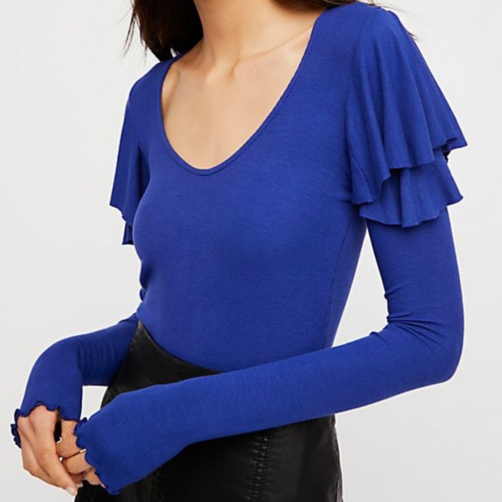 NEW Free People Ruffle Long Sleeve Layering Tee L